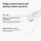 Infographic showing how the set unlocks pores and clears acne. Details Sulfur 10% to reduce pimple size and redness next to a powder swatch, and Niacinamide 10% + Zinc 1% to reduce pore visibility, excess oil, and boost radiance.