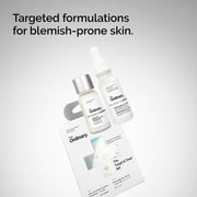 An angled studio shot of The Ordinary Target & Treat Set box and blemish treatments against a gradient backdrop. Overhead text reads: Targeted formulations for blemish-prone skin.